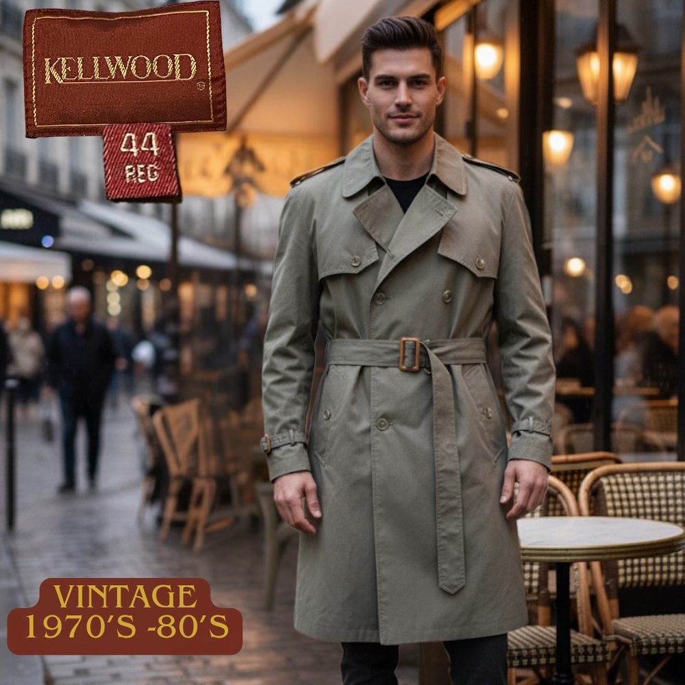 KELLWOOD Men's Vintage Khaki Trench Coat Epaulets Zip Out Liner 44 REG 1970s